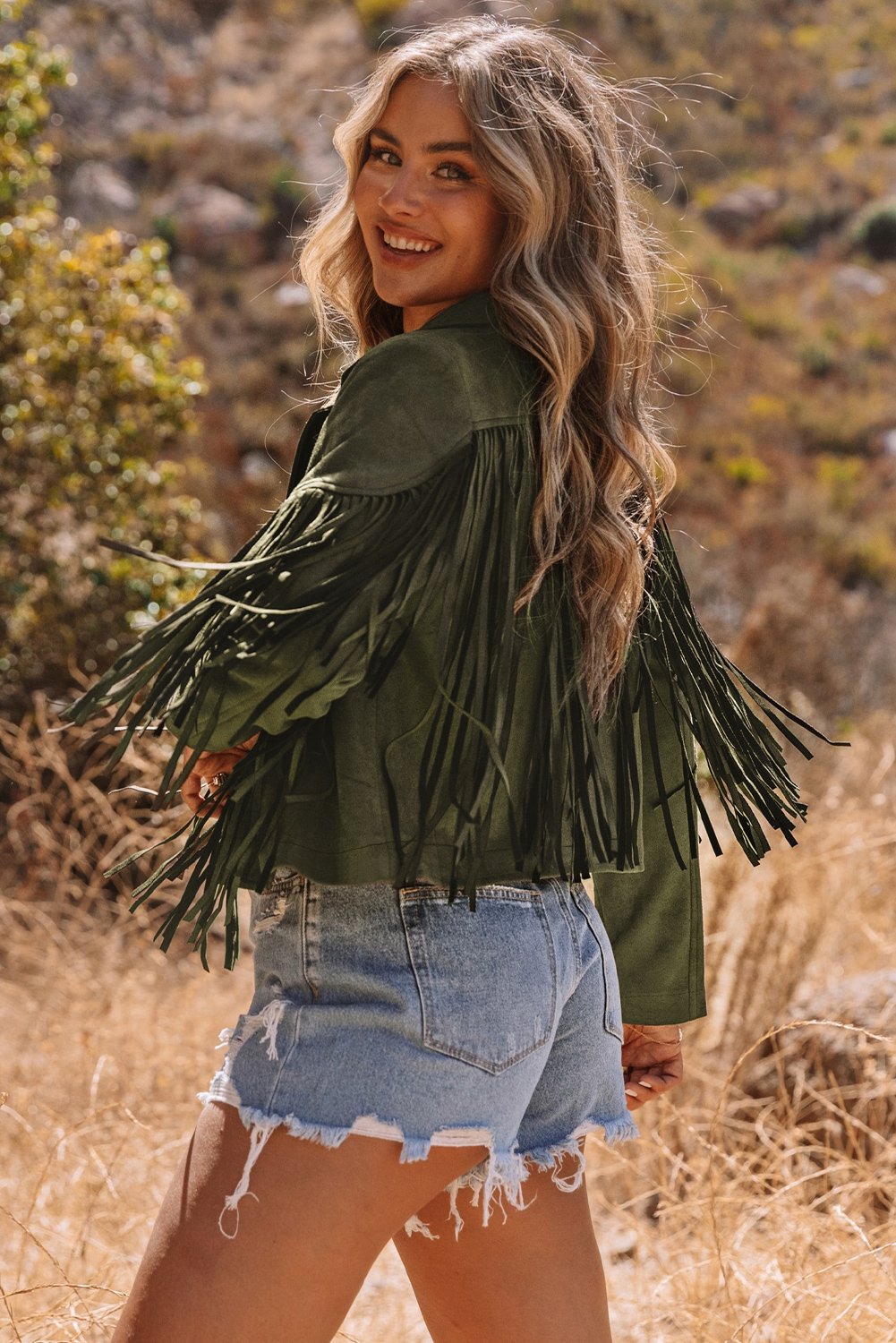 Green Cropped Fringe Faux Suede Jacket - Image 3