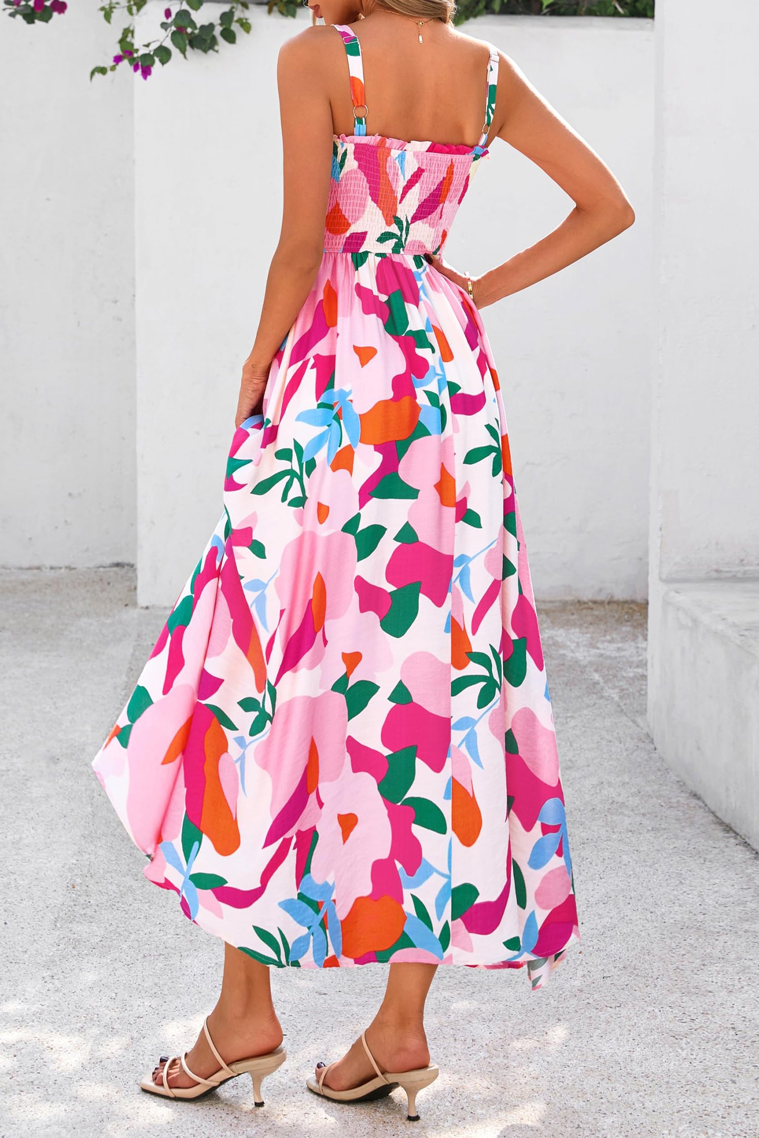 Pink Floral Print Adjustable Straps Smocked High Waist Sundress - Image 2