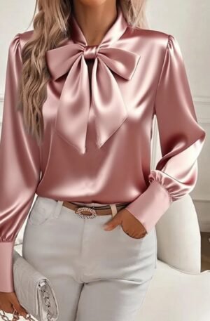 Satin Bow Tie Long Sleeve Top