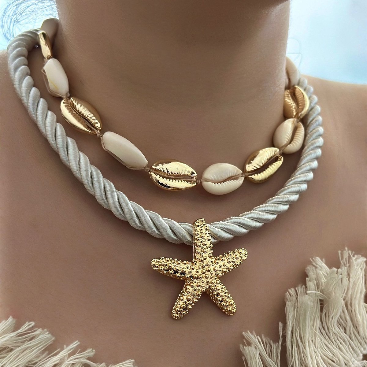 2-Piece Beaded Shell Starfish Rope Necklace - Image 2
