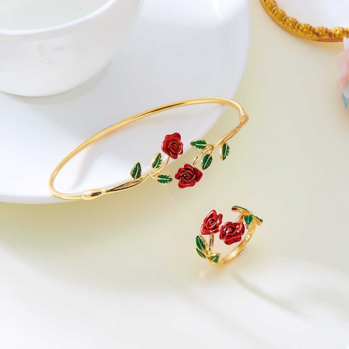 Rose Bypass Ring and Bracelet Jewelry Set - Image 9
