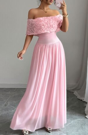 Off-Shoulder Rose Embellished Maxi Dress
