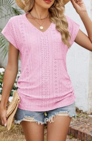 Eyelet V-Neck Short Sleeve Top