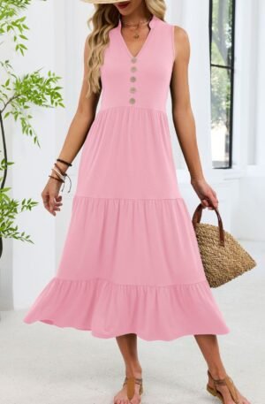 Sleeveless Notched Tiered Midi Dress