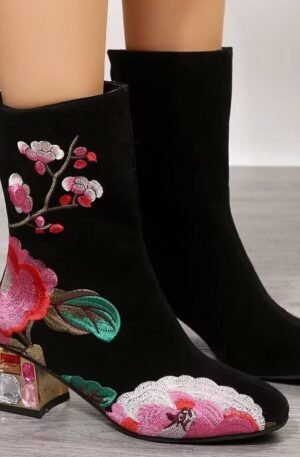 Floral Embroidered Rhinestone Block Heel Boots
