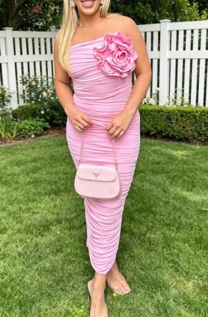 Rose Ruched Tube Bodycon Midi Dress