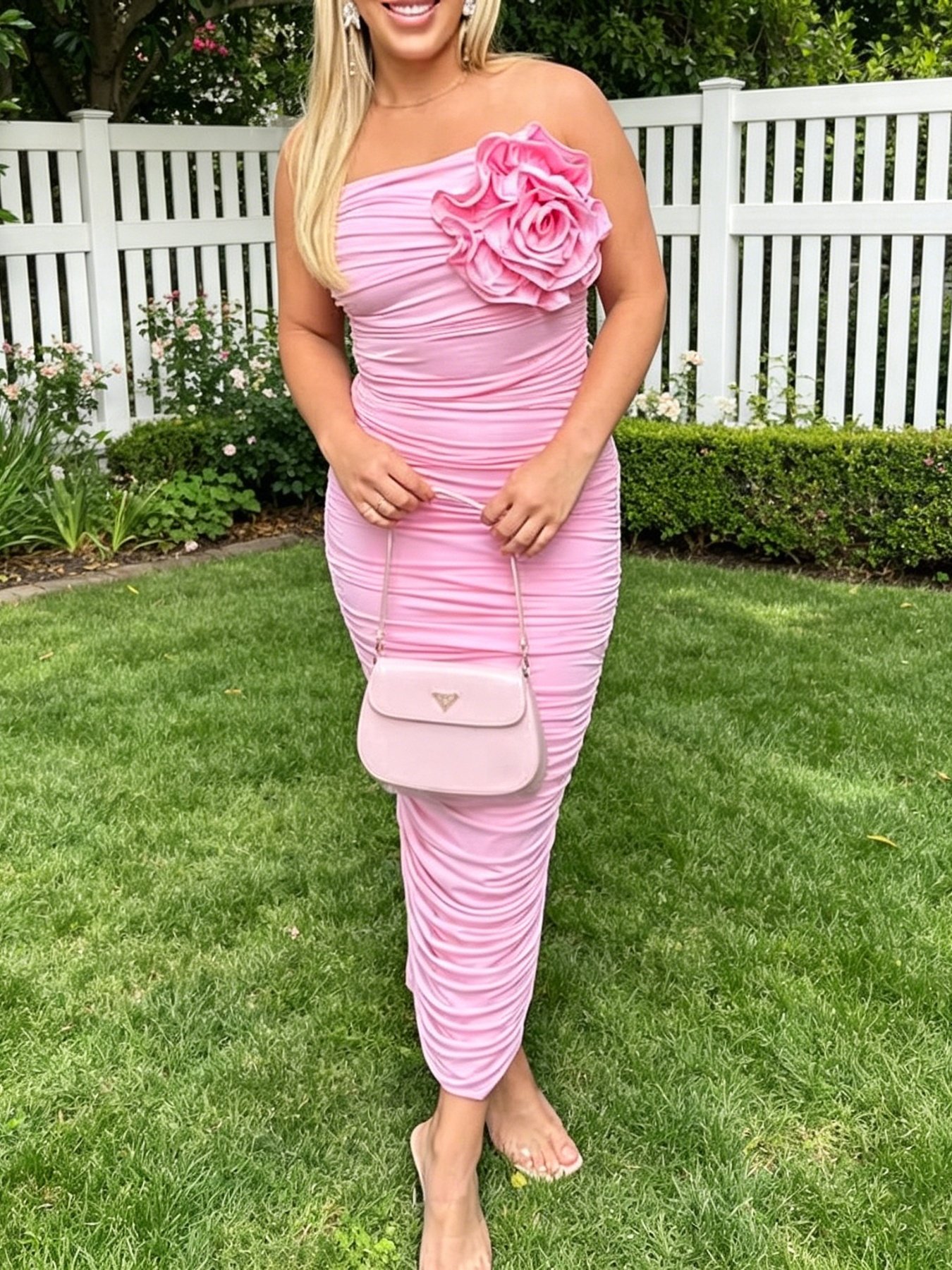 Rose Ruched Tube Bodycon Midi Dress