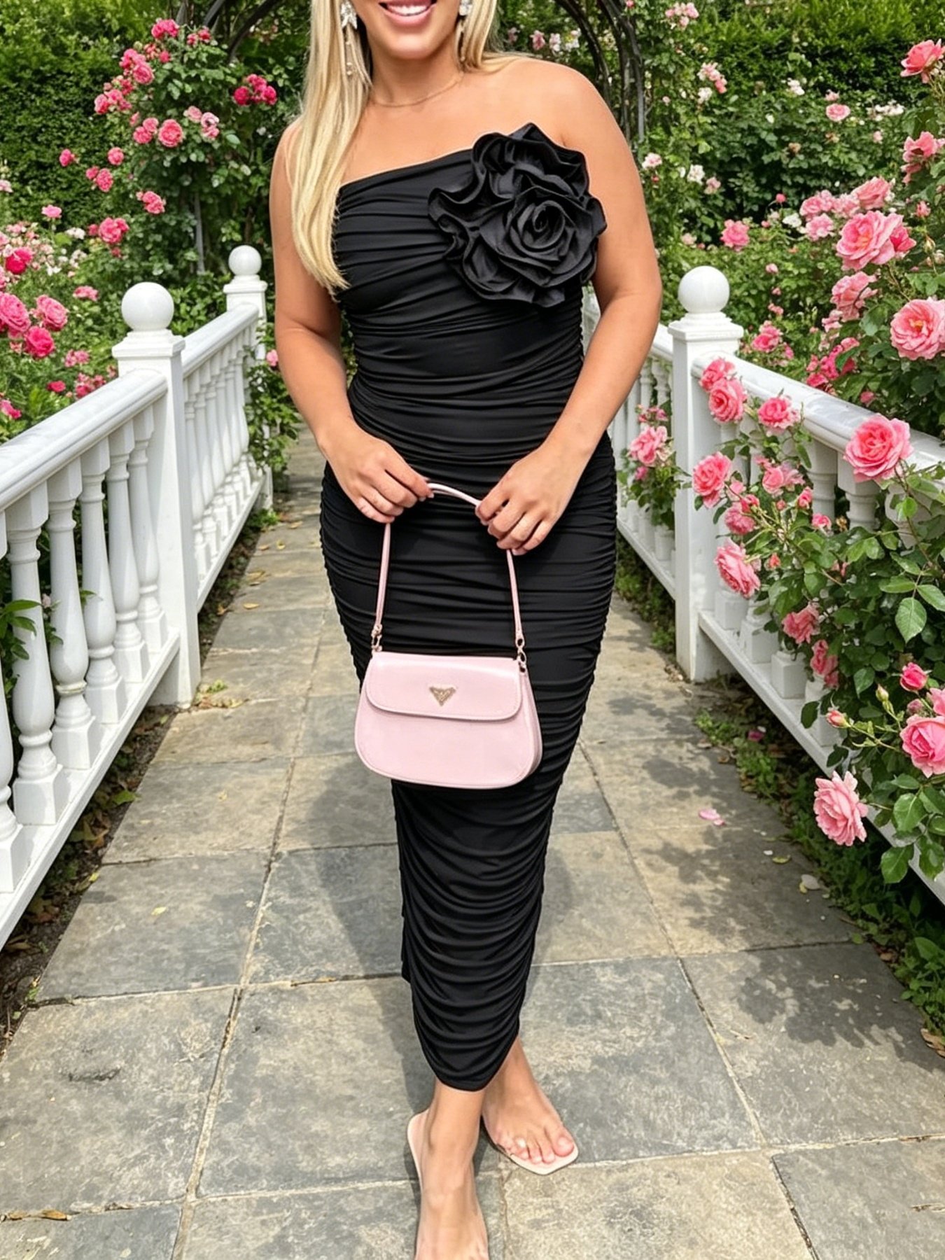 Rose Ruched Tube Bodycon Midi Dress - Image 6