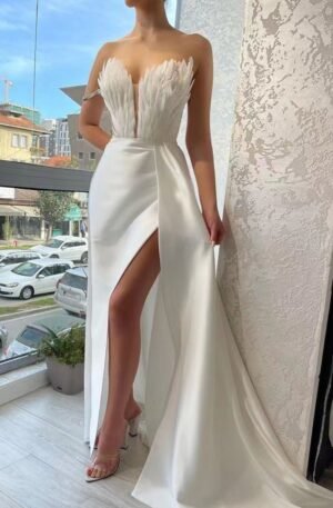 Feather Embellished Slit Maxi Dress