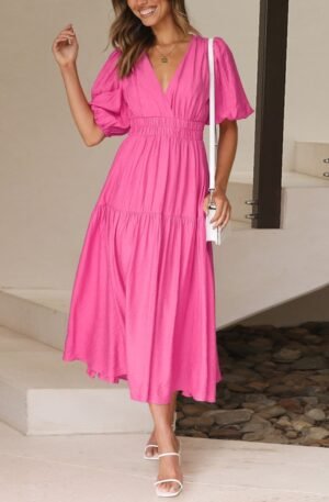 Surplice Half Puff Sleeve Midi Dress