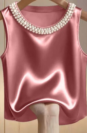 Pearl Embellished Satin Tank Top