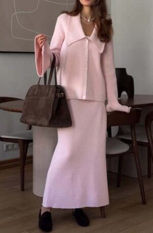 Button Down Long Sleeve Cardigan and Skirt Knit Set