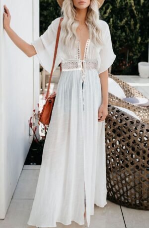 Lace Trim Plunging Beach Cover Up Maxi Dress