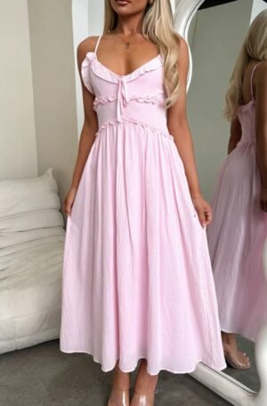 Ruffled Trimmed Spaghetti Strap Midi Dress
