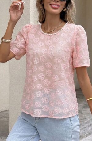 Floral Embroidered Pearl Trim Blouse