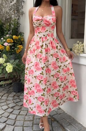Rose Print Halter Neck Midi Dress