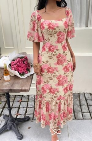 Floral Print Ruffle Hem Flutter Sleeve Dress