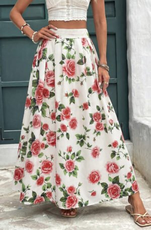 Rose Print Flowy Maxi Skirt