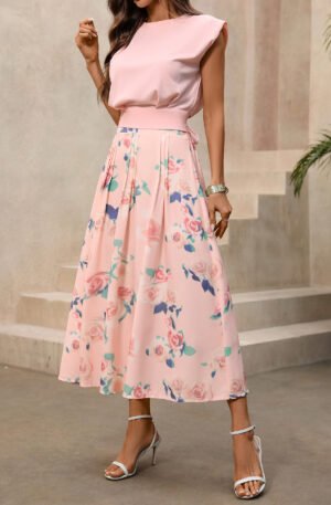 Round Neck Top and Rose Print Skirt Two-Piece Set