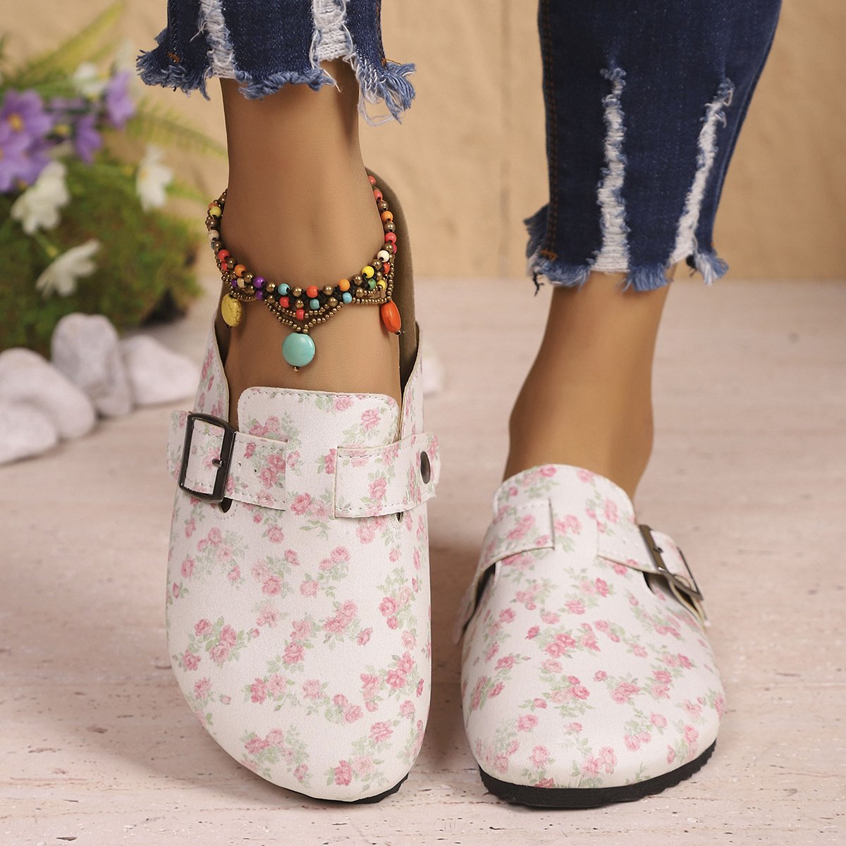 Floral Print Buckle Decor Slip-Ons - Image 2