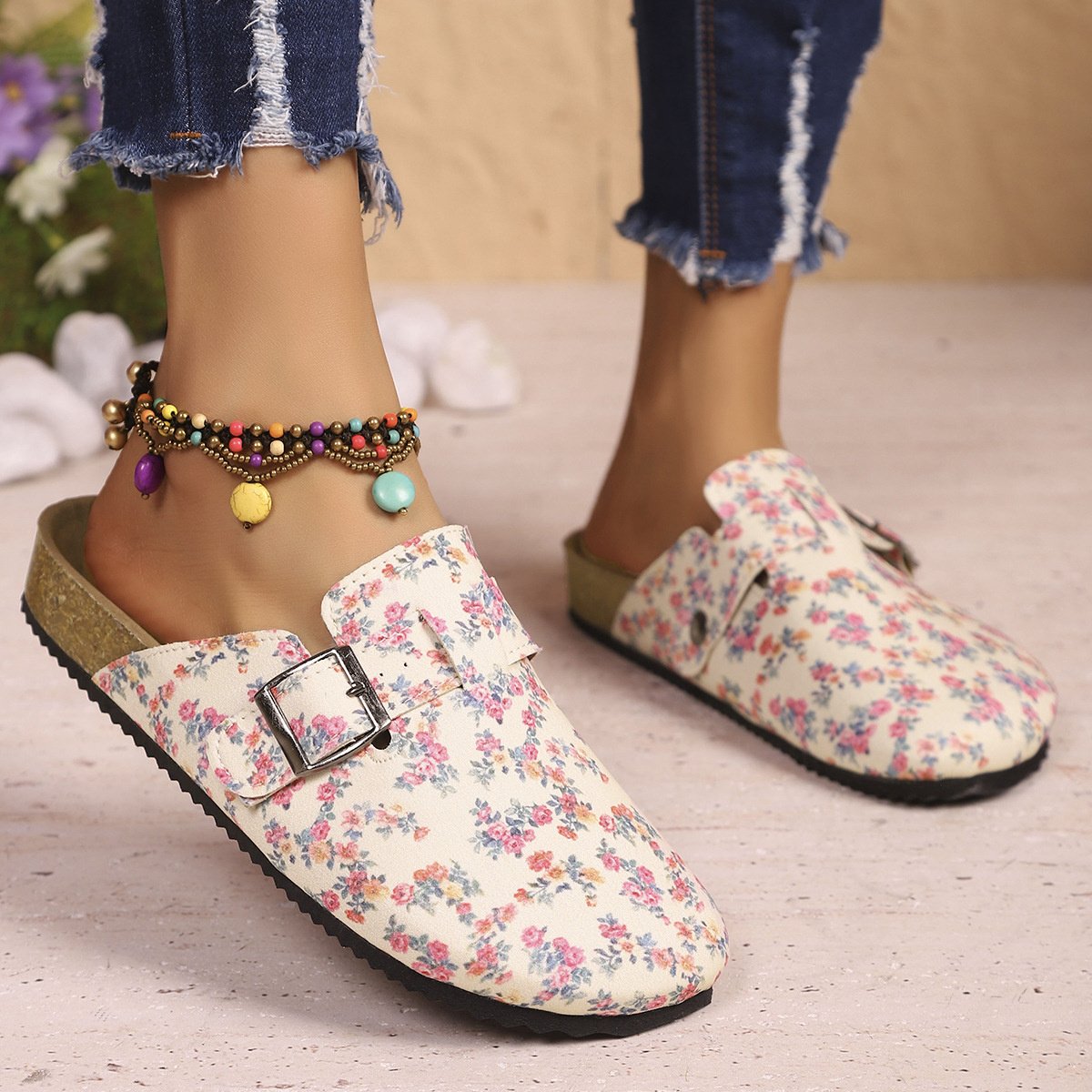 Floral Print Buckle Decor Slip-Ons - Image 4