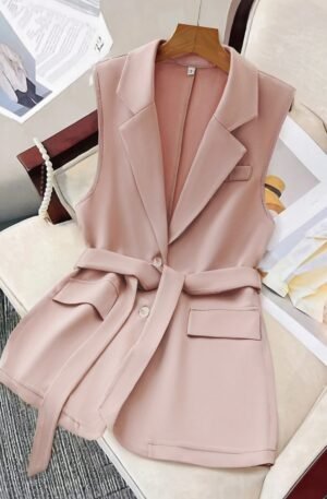 Tie Waist Lapel Collar Sleeveless Blazer