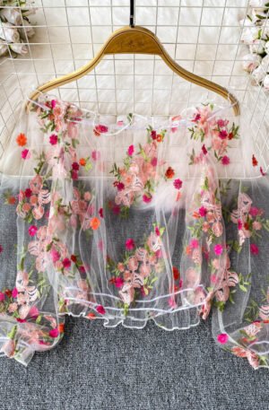 Floral Embroidered Mesh Off-Shoulder Top