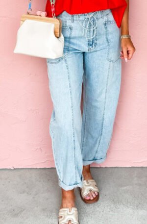 Drawstring Washed Relaxed Fit Boyfriend Jeans