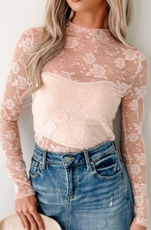 Lace Mock Neck Long Sleeve Blouse