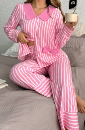 Stripe Buttoned Front Long Sleeve Top and Pants 2 Piece Sleepwear