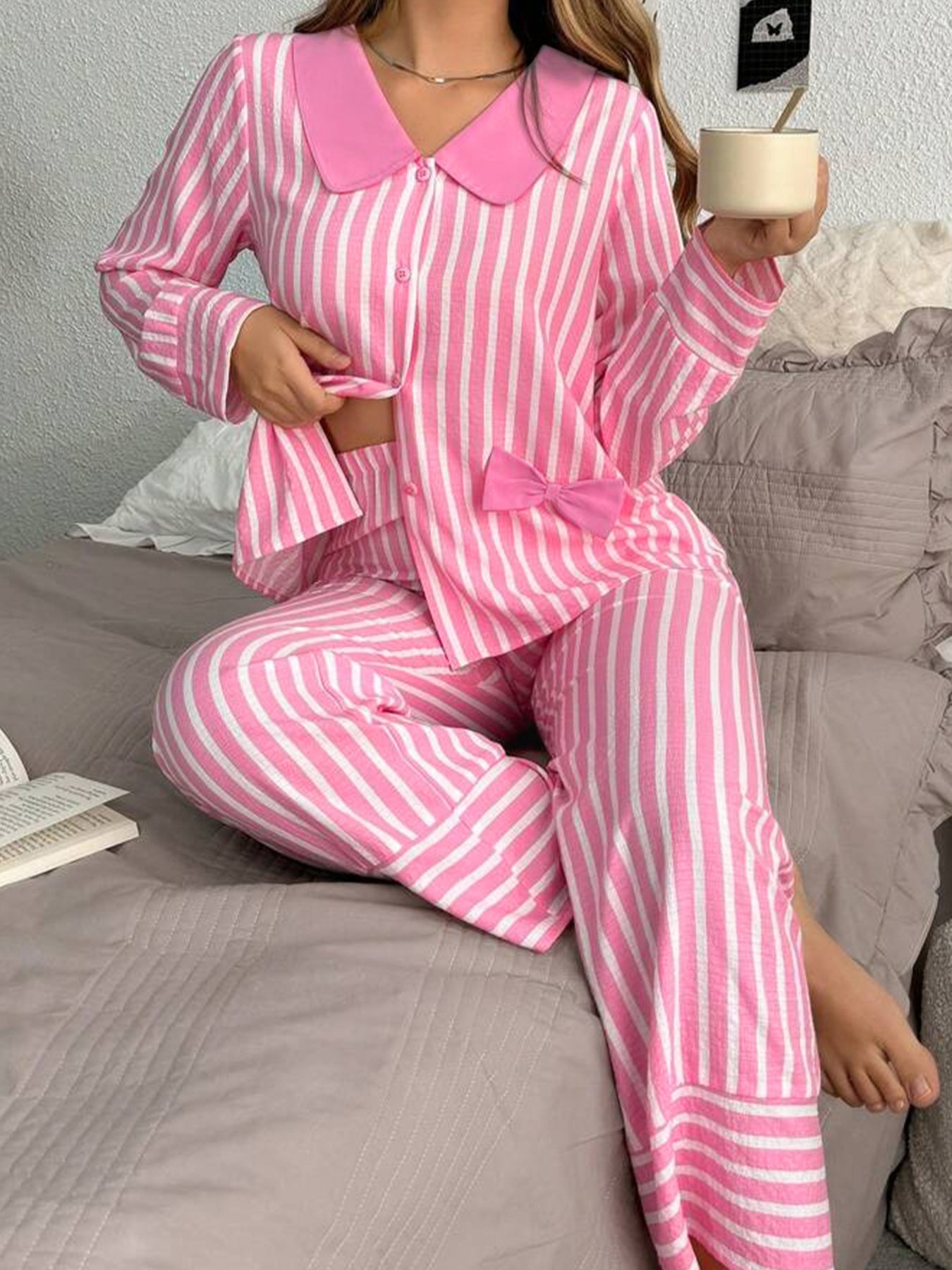 Stripe Buttoned Front Long Sleeve Top and Pants 2 Piece Sleepwear - Image 3