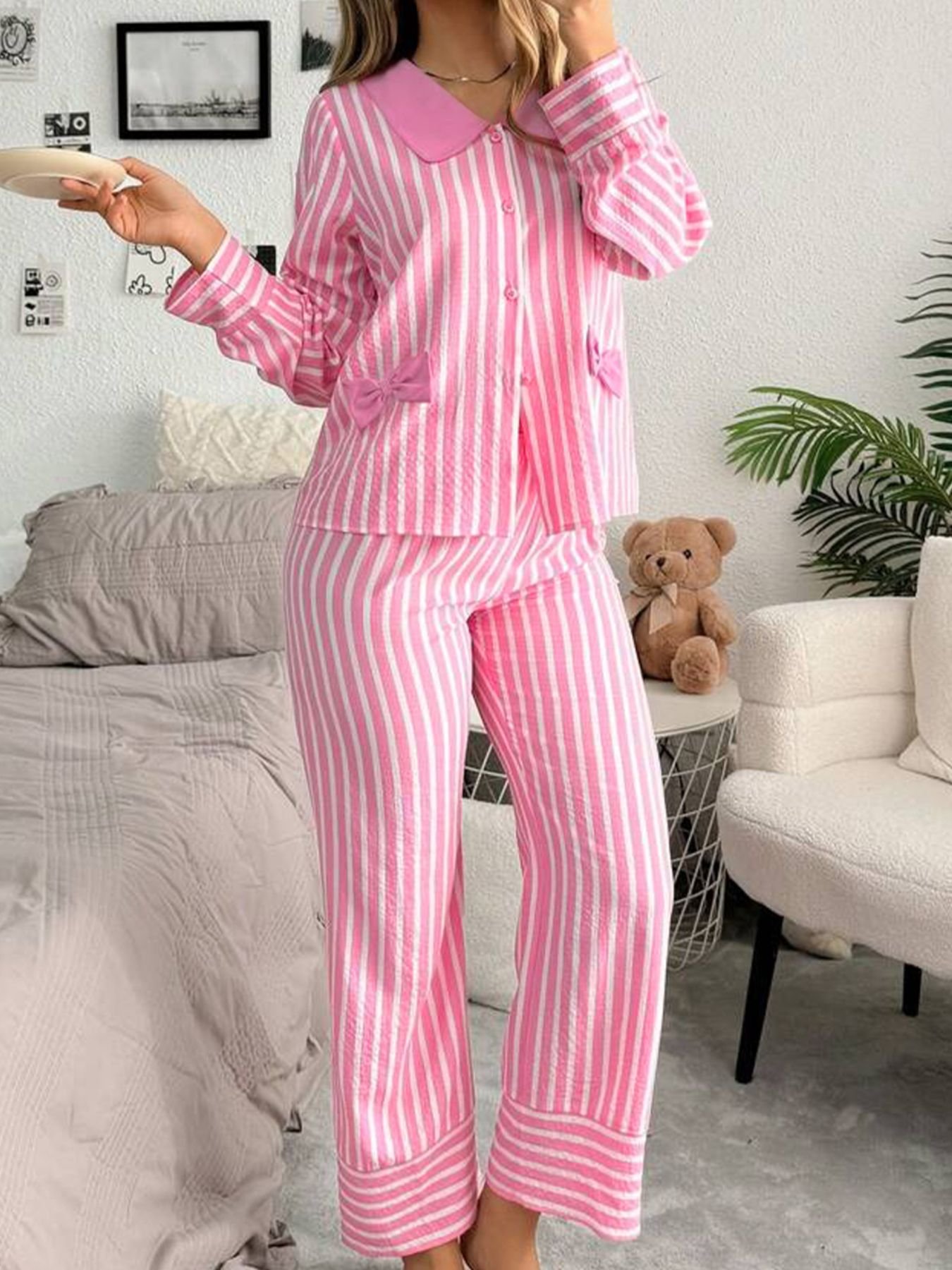 Stripe Buttoned Front Long Sleeve Top and Pants 2 Piece Sleepwear - Image 4