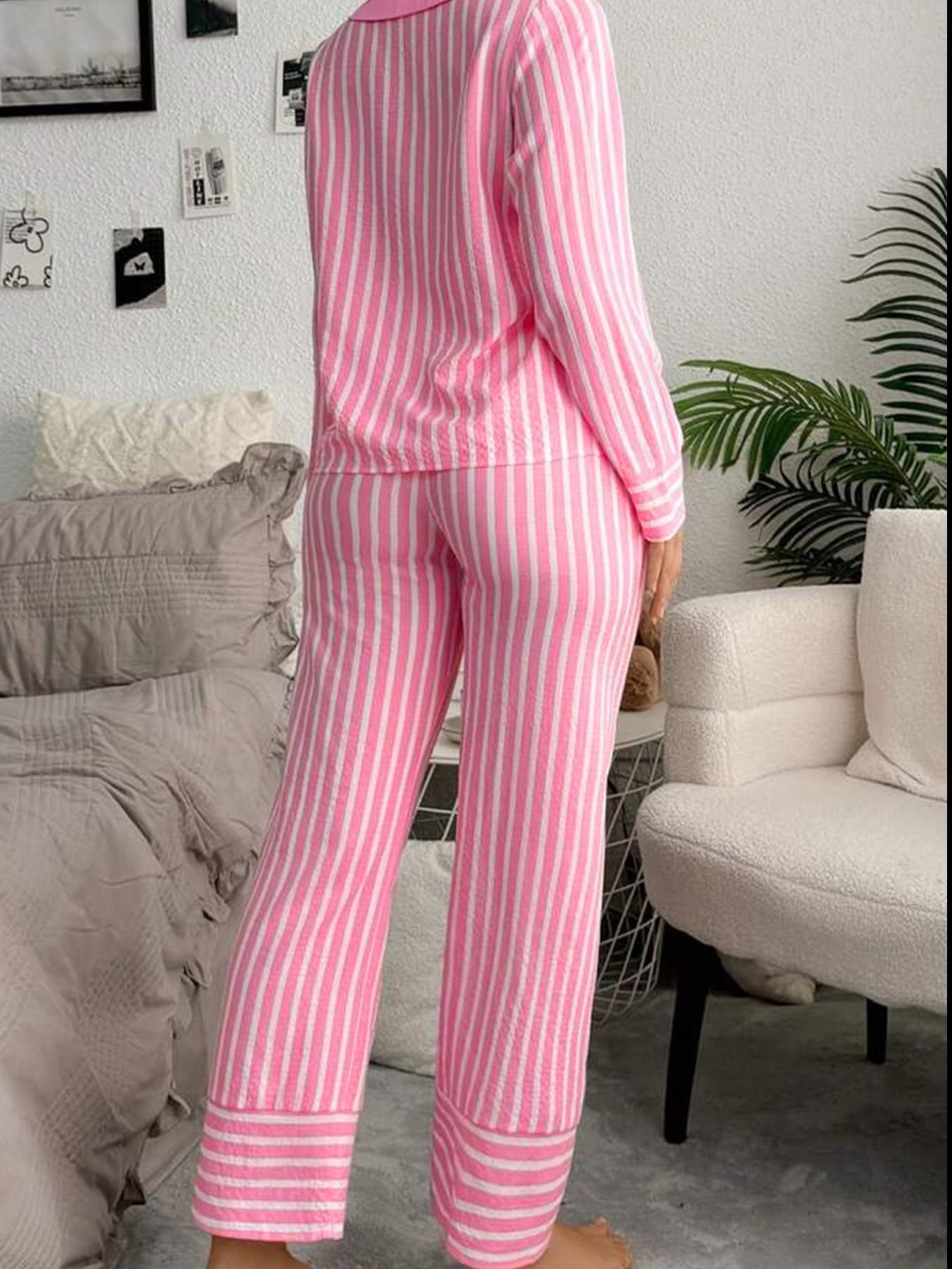 Stripe Buttoned Front Long Sleeve Top and Pants 2 Piece Sleepwear - Image 2