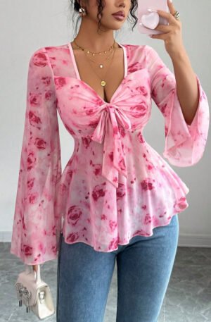 Floral Print Tie Front Flare Sleeve Chiffon Blouse