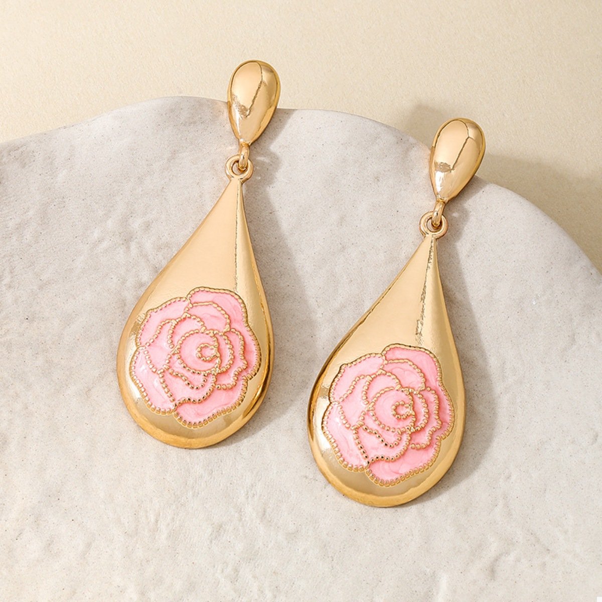 18K Gold-Plated Pink Rose Teardrop Earrings - Image 2