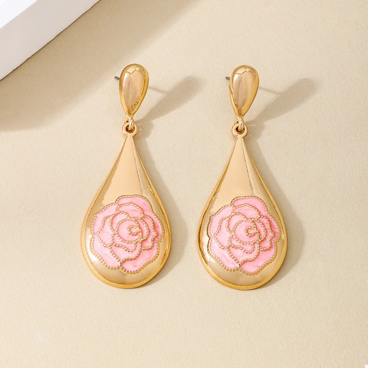 18K Gold-Plated Pink Rose Teardrop Earrings - Image 3
