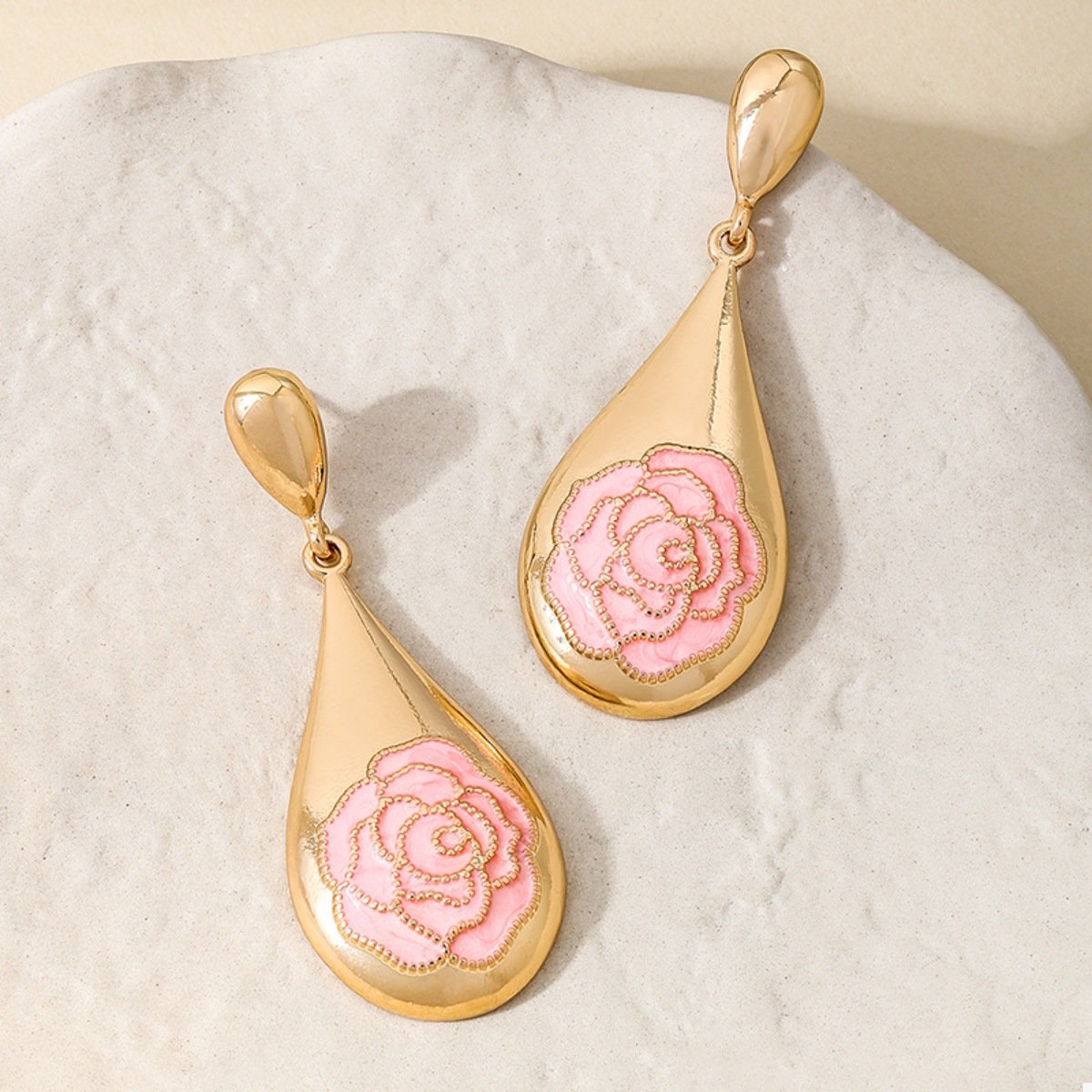 18K Gold-Plated Pink Rose Teardrop Earrings - Image 4
