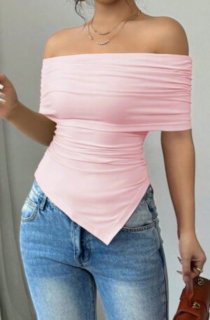 Off-Shoulder Ruched Asymmetrical Hem Top