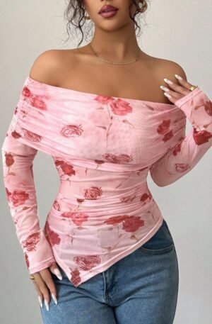 Rose Print Off-Shoulder Mesh Top