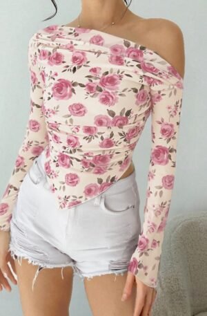 Rose Print One Shoulder Ruched Blouse