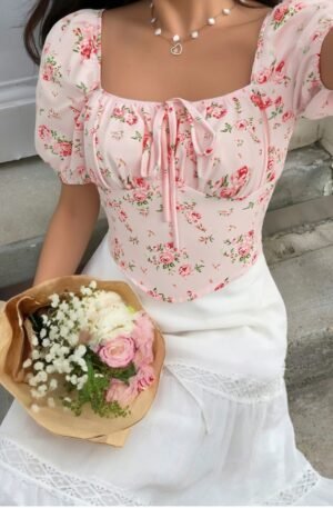 Floral Print Tie Front Puff Sleeve Blouse