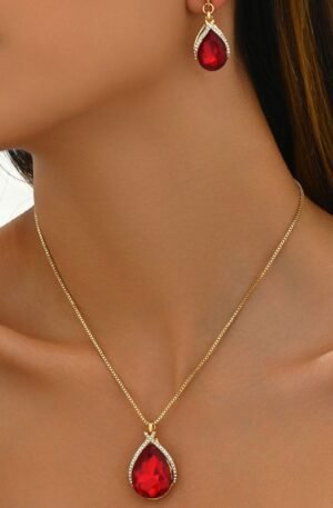 18K Gold-Plated Rhinestone Teardrop Necklace and Earrings Jewelry Set