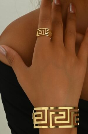 18K Gold-Plated Stainless Steel Geometric Bracelet and Ring Jewelry Set