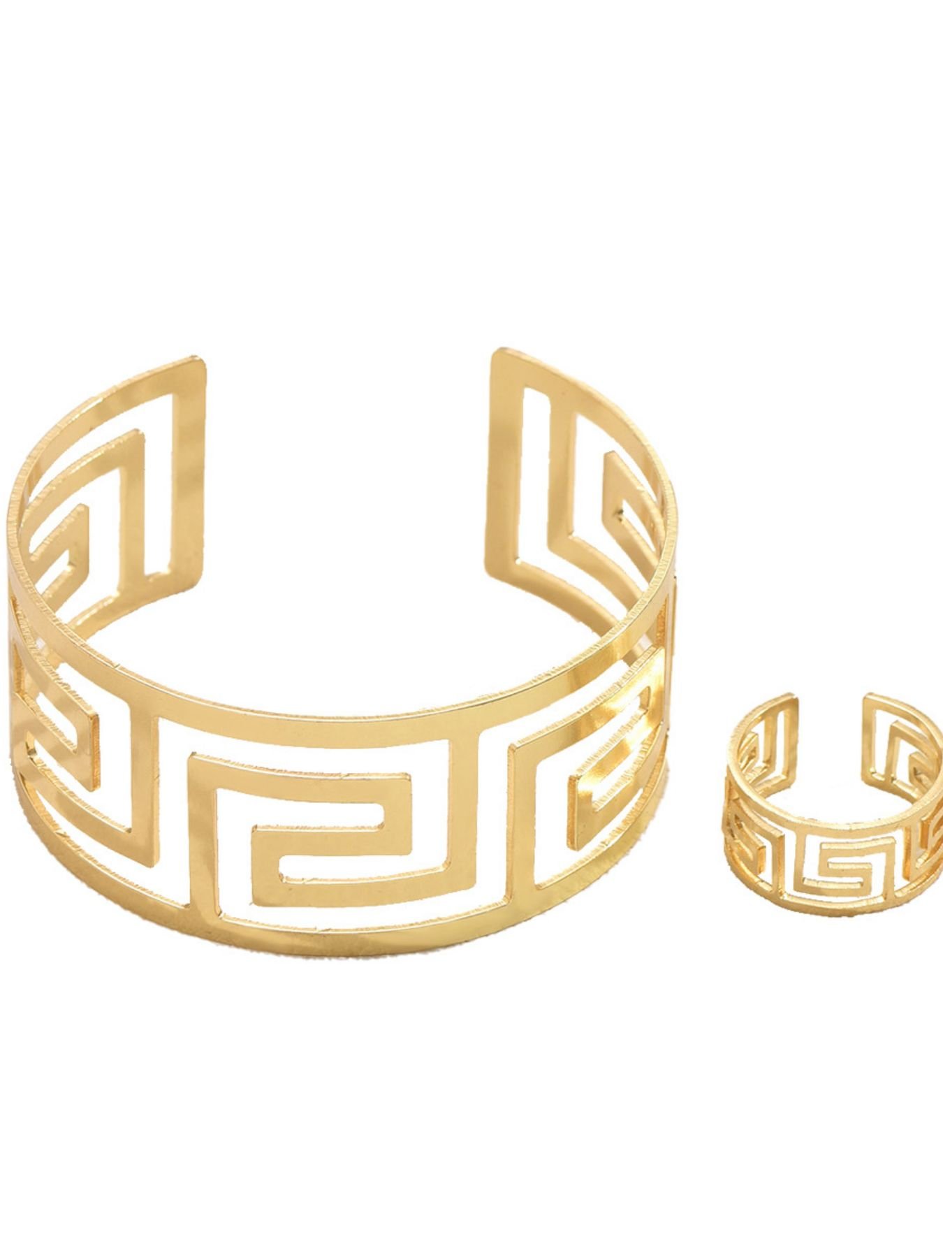 18K Gold-Plated Stainless Steel Geometric Bracelet and Ring Jewelry Set - Image 2