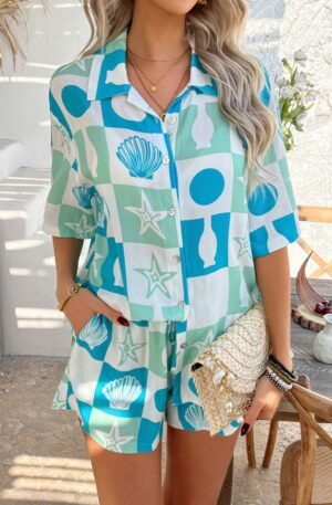 Devine Printed Button Down Shirt and Shorts Set