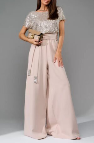 Full Size Sequin Round Neck Short Sleeve Wide Leg Jumpsuit