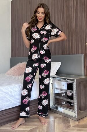 Rose Short Sleeve Shirt and Pants Lounge Set
