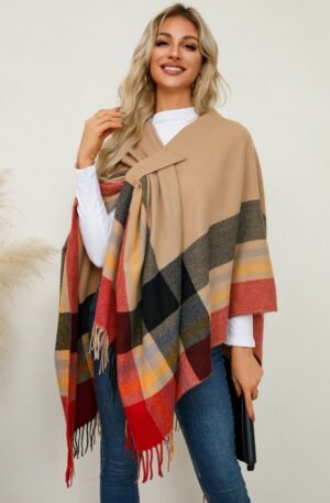 Fringe Contrast Plaid Poncho