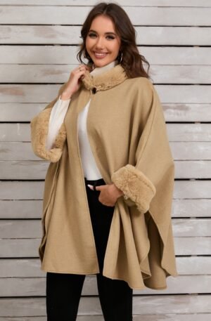 Fuzzy Trim Long Sleeve Poncho