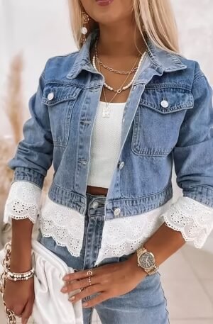 Cropped Denim Jacket with Lace Trim